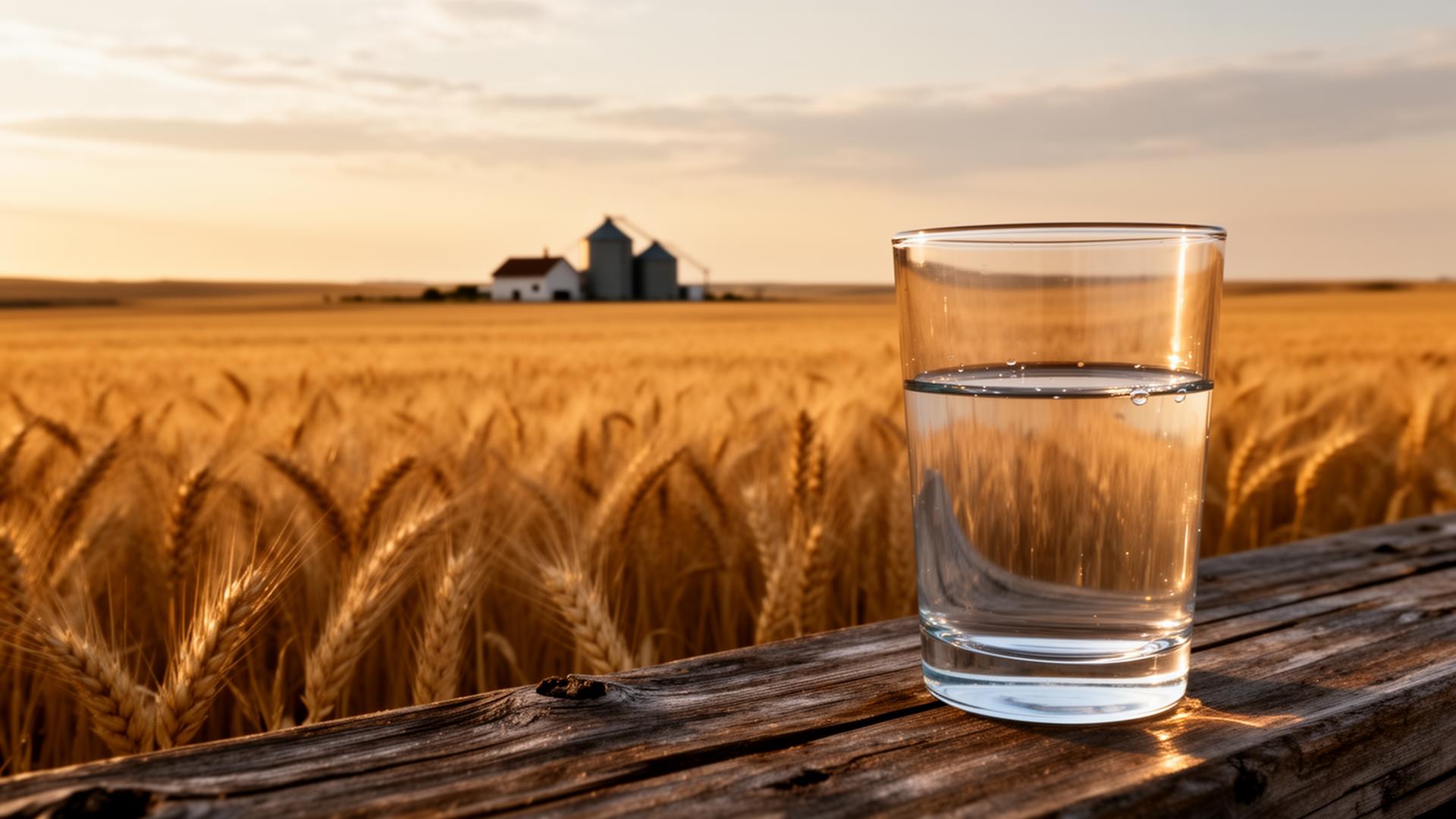 Saskatchewan prairie at golden hour with a clean glass of water